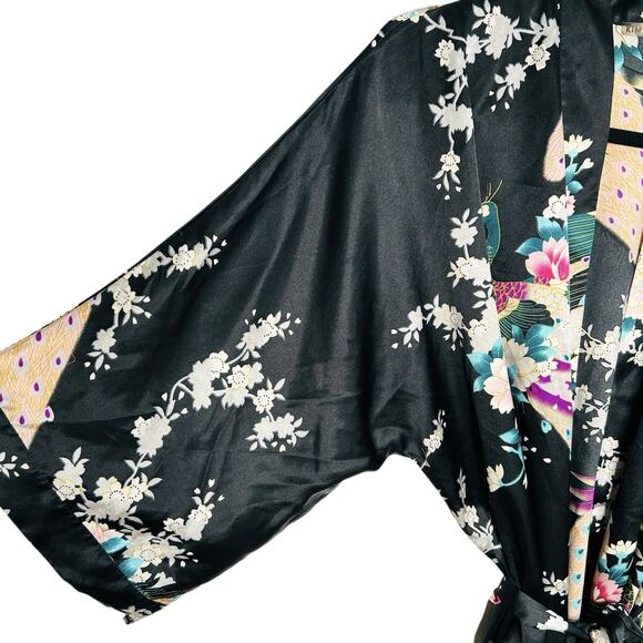 Kim + Ono Kimono Silky Maxi Robe Womens Floral Exotic Peacock Leisure Loungewear - Picture 10 of 16
